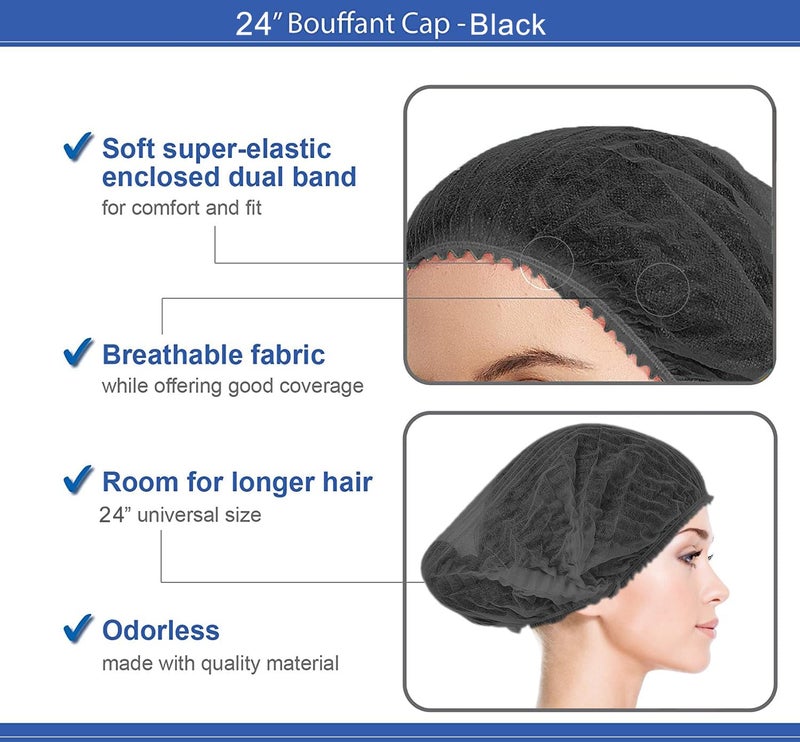 Smilco Disposable Bouffant Caps 100pcs,24inches Hair Net, Elastic Dust Cap for Food Service,Salon,Spa,Kitchen Head Cover (Black) - Image 4
