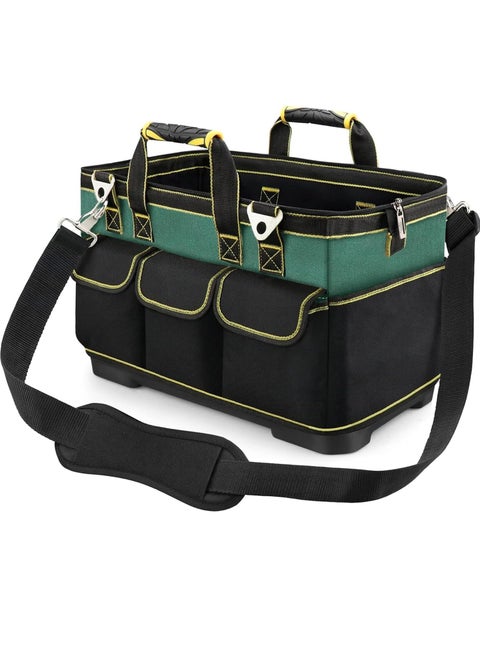 Heavy Duty Hard Bottom Tool Bag, 1680D Electrician Tool Bags for Men, 17 Inch Waterproof Tool Bag, Wide Mouth Tool Tote Bag with 15 Pockets, Craftsman Open Top Tool Bag, Technician Tool Bag