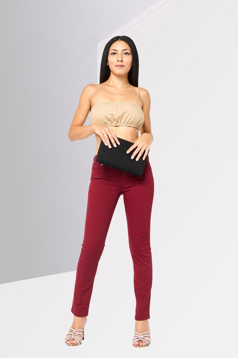 LACOSTE Women Slim Fit Solid Stretchable Denim Jeans, Maroon - Image 2