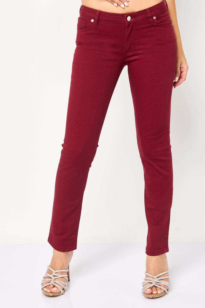 LACOSTE Women Slim Fit Solid Stretchable Denim Jeans, Maroon - Image 1