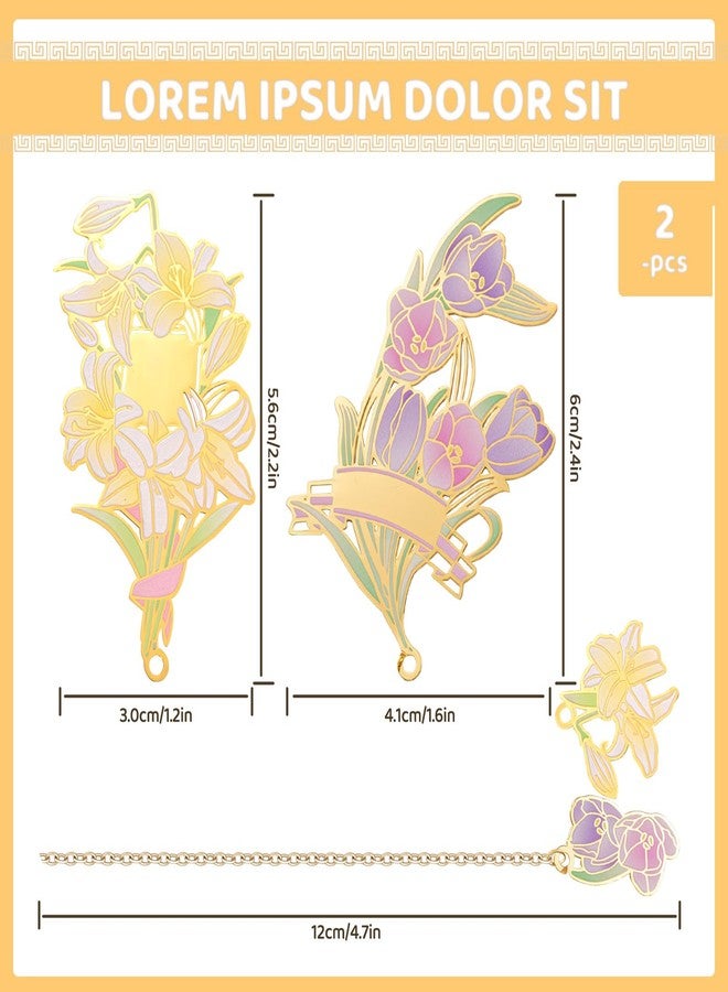 Roucerlin 2 Packs Metal Flower Bookmark with Chain, Fancy Book Marks for Women Book Lovers Reading, Pretty Cute Charm Bookmark for Friends Birthday Graduation Present (Lily, Tulip) - Image 2