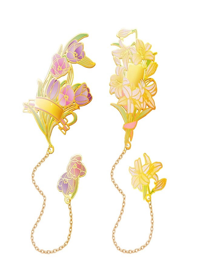 Roucerlin 2 Packs Metal Flower Bookmark with Chain, Fancy Book Marks for Women Book Lovers Reading, Pretty Cute Charm Bookmark for Friends Birthday Graduation Present (Lily, Tulip) - Image 1