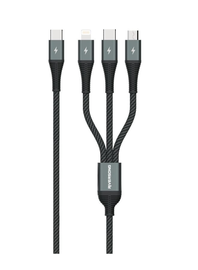 كابل شحن سريع 3 في 1 (Type-C إلى Micro وType-C وLightning)، مجدول من النايلون، متين للغاية، بطول 1.2 متر، يدعم شحن سريع حتى 3 أمبير، لون رمادي