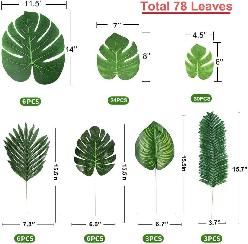 LOMIRO 78 Pieces 7 Kinds Artificial Tropical Leaf Jungle Leaves Plant Safari Leaves Decorations for Hawaiian Party Decorations Beach Birthday Luau Party Decorations - Image 2