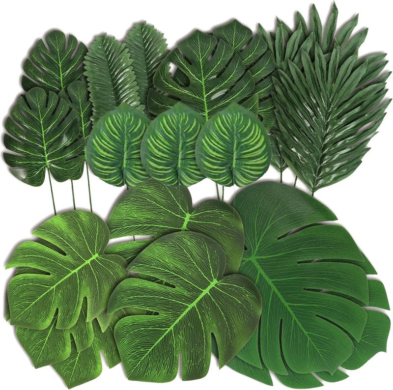 LOMIRO 78 Pieces 7 Kinds Artificial Tropical Leaf Jungle Leaves Plant Safari Leaves Decorations for Hawaiian Party Decorations Beach Birthday Luau Party Decorations - Image 1