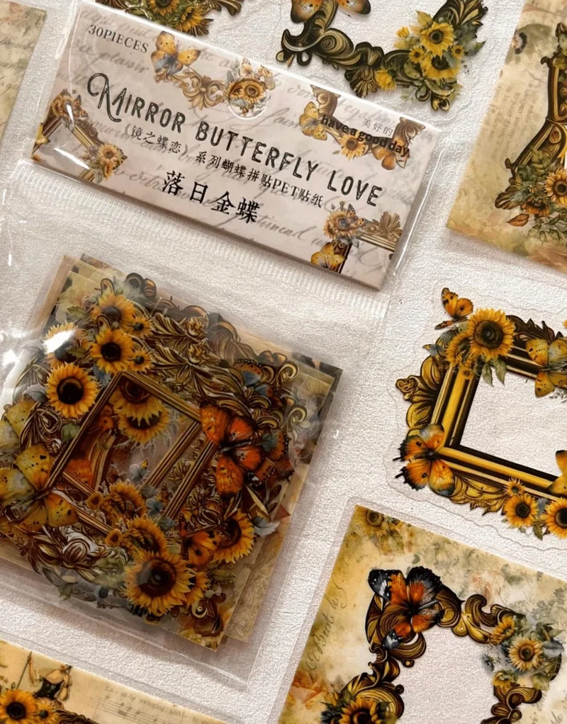 كاغيت جيمي دوكان Mirror Butterfly Love Series Yellow Color Flower and Butterfly Patterned Frame 30 Pieces Transparent Pet Sticker