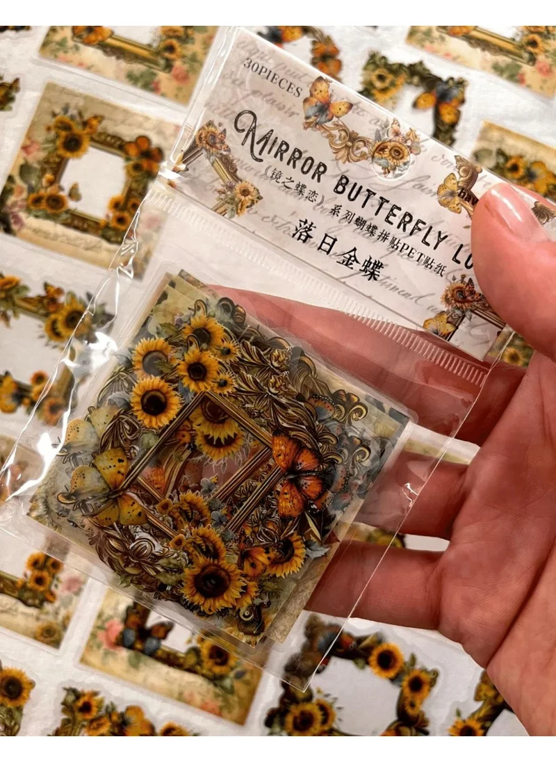 Kağıt Gemi Dükkan Mirror Butterfly Love Series Yellow Color Flower and Butterfly Patterned Frame 30 Pieces Transparent Pet Sticker