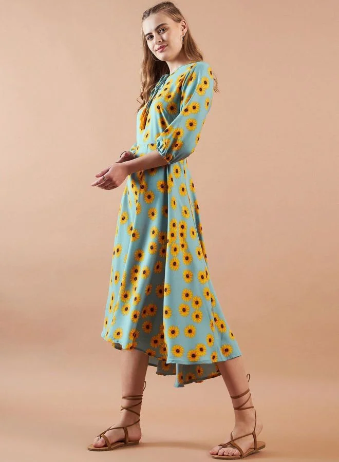 Freehand  Women Regular Fit Floral Printed Round Neck Three-Quarter Sleeve Shift Dress for Women | Best Price UAE
