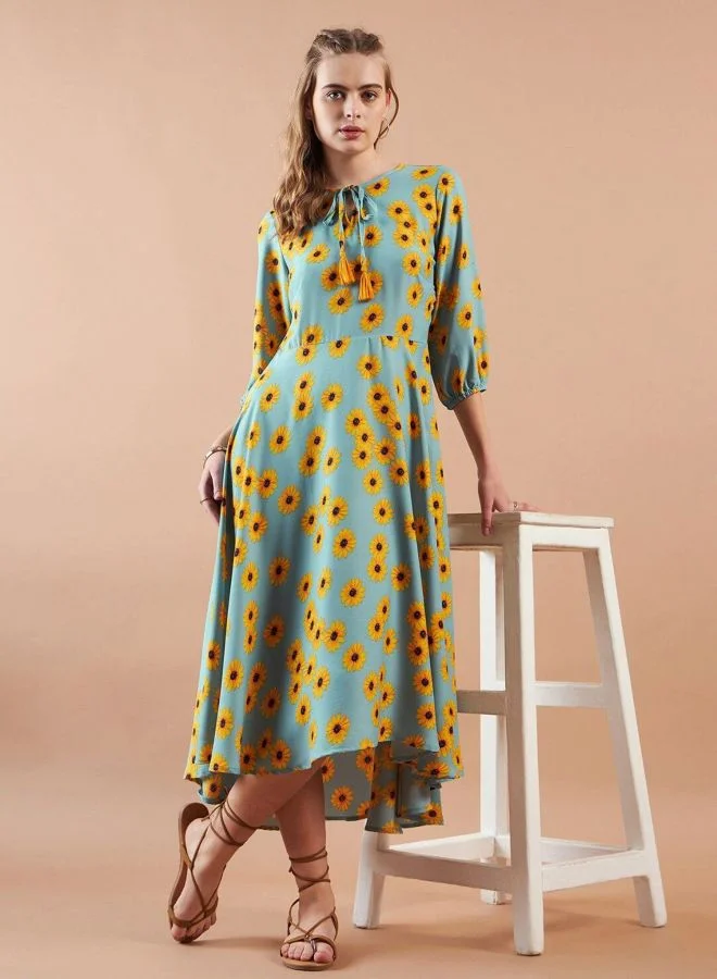 Freehand  Women Regular Fit Floral Printed Round Neck Three-Quarter Sleeve Shift Dress for Women | Best Price UAE