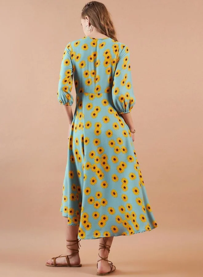Freehand  Women Regular Fit Floral Printed Round Neck Three-Quarter Sleeve Shift Dress for Women | Best Price UAE