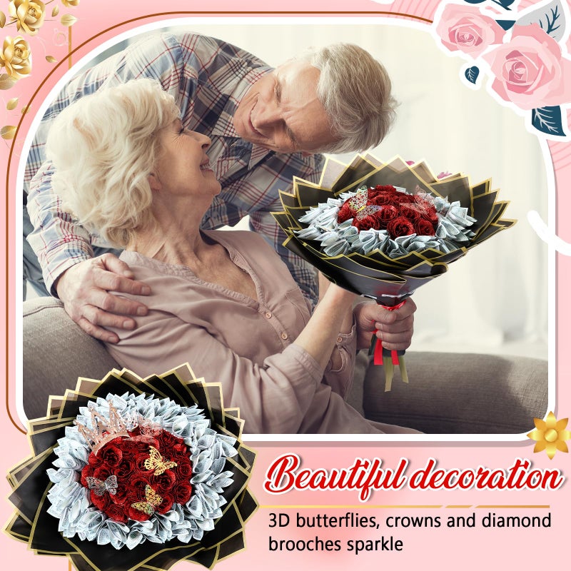Fullhawl Money Bouquet Kit 48 Sheets Flower Wrapping Paper 50 Pins 48 Butterflies 4 Crowns 2 Floral Foam Blocks 150 Bamboo Skewers For Anniversary Valentine'S Day Birthday Gifts (Black  White  Pink) - Image 5