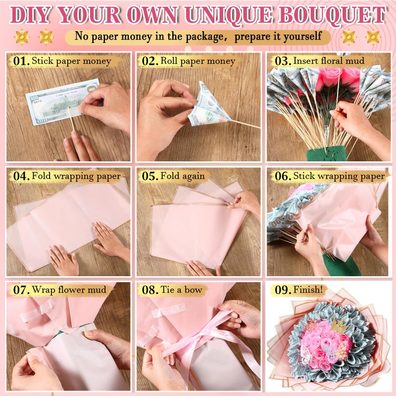 Fullhawl Money Bouquet Kit 48 Sheets Flower Wrapping Paper 50 Pins 48 Butterflies 4 Crowns 2 Floral Foam Blocks 150 Bamboo Skewers For Anniversary Valentine'S Day Birthday Gifts (Black  White  Pink) - Image 3