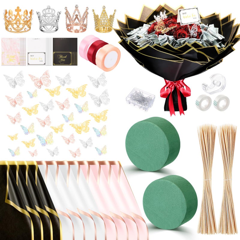 Fullhawl Money Bouquet Kit 48 Sheets Flower Wrapping Paper 50 Pins 48 Butterflies 4 Crowns 2 Floral Foam Blocks 150 Bamboo Skewers For Anniversary Valentine'S Day Birthday Gifts (Black  White  Pink) - Image 1
