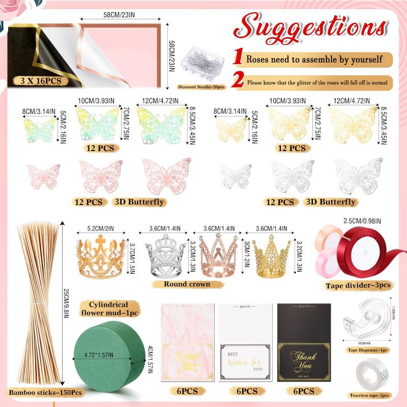 Fullhawl Money Bouquet Kit 48 Sheets Flower Wrapping Paper 50 Pins 48 Butterflies 4 Crowns 2 Floral Foam Blocks 150 Bamboo Skewers For Anniversary Valentine'S Day Birthday Gifts (Black  White  Pink) - Image 2