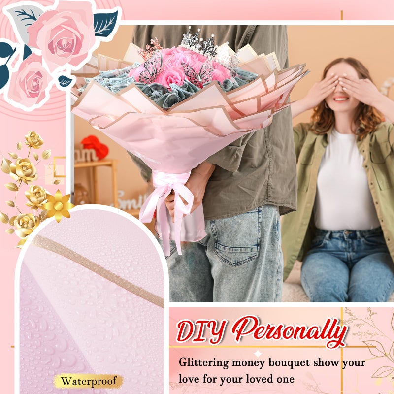 Fullhawl Money Bouquet Kit 48 Sheets Flower Wrapping Paper 50 Pins 48 Butterflies 4 Crowns 2 Floral Foam Blocks 150 Bamboo Skewers For Anniversary Valentine'S Day Birthday Gifts (Black  White  Pink) - Image 4