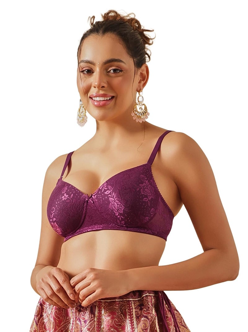 Clovia Women's Cotton Padded Wire Free Full Cup, Everyday Comfy Bra (BR1479P1234B_Purple_34B) - Image 1