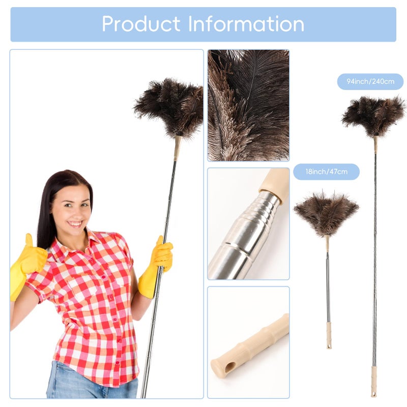 THARAHT Extendable Ostrich Feather Duster up to 27-94 inches Fluffy Feathers Long Handle Reusable for Cleaning Ceiling Fan Pendant lamp High Ceiling Blinds Furniture Feather Duster - Image 2