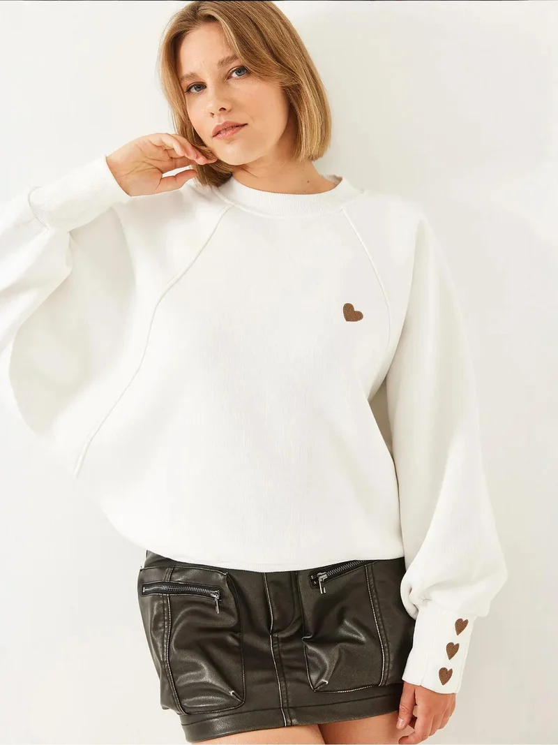 Bianco Lucci White LUCCI Embroidered Crew Neck Long Sleeve Sweatshirt for Women | Best Price UAE