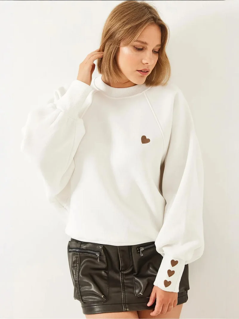 Bianco Lucci White LUCCI Embroidered Crew Neck Long Sleeve Sweatshirt for Women | Best Price UAE
