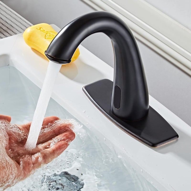 HOOMEE Automatic Touchless Bathroom Faucet Motion Sensor Activated Commercial Basin Sink Vantiy Hands Free Auto Off Infrared Mixer with Hole Cover Deck Plate Temperature Control Hot Cold Matte Black - Image 3