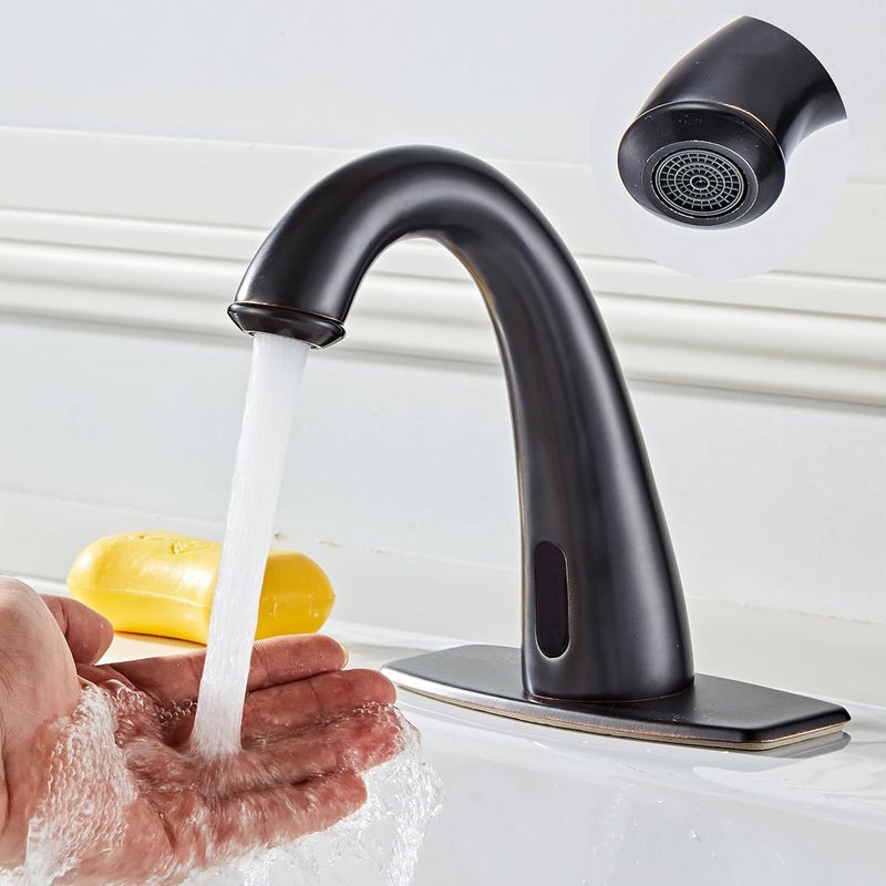 HOOMEE Automatic Touchless Bathroom Faucet Motion Sensor Activated Commercial Basin Sink Vantiy Hands Free Auto Off Infrared Mixer with Hole Cover Deck Plate Temperature Control Hot Cold Matte Black - Image 2
