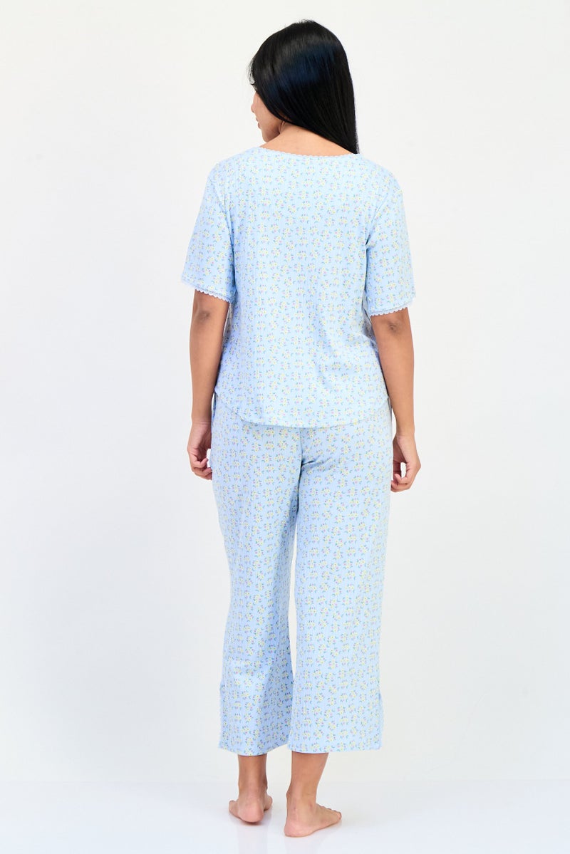 PJ Couture Women 2 Pieces Floral Print Short Sleeve Pajama Top And Bottom Set, Multicolor - Image 4