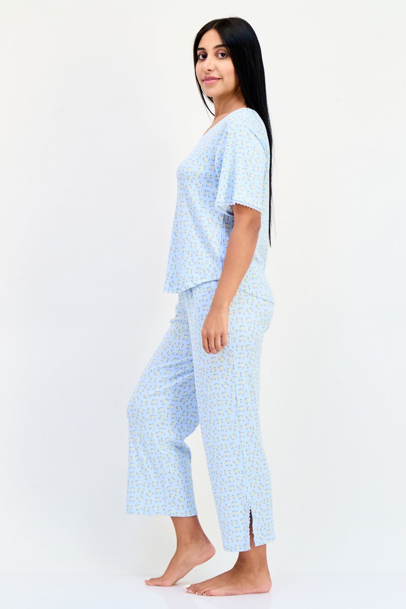 PJ Couture Women 2 Pieces Floral Print Short Sleeve Pajama Top And Bottom Set, Multicolor - Image 3