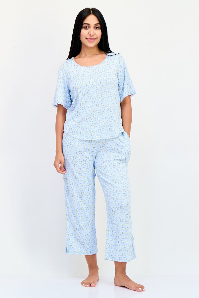 PJ Couture Women 2 Pieces Floral Print Short Sleeve Pajama Top And Bottom Set, Multicolor - Image 1