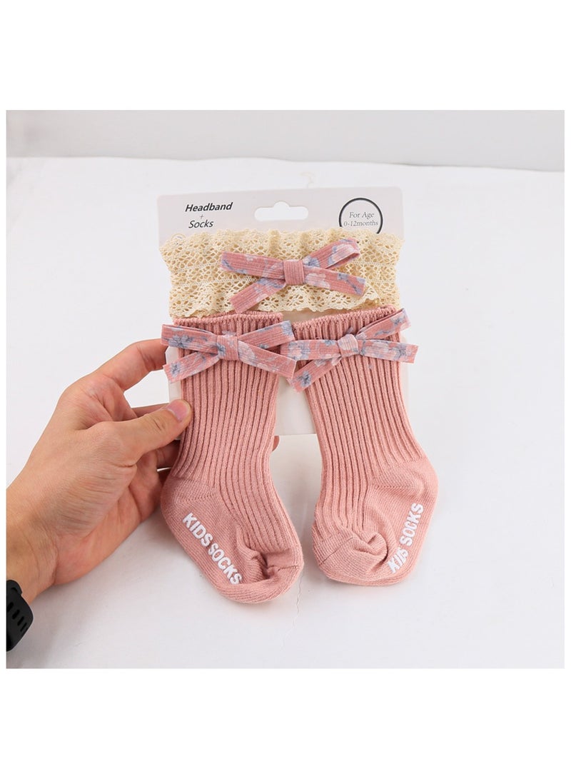 D'Daniela Victoria Ribbon Bow Turban and Socks Set for Babies - Pink - Image 2