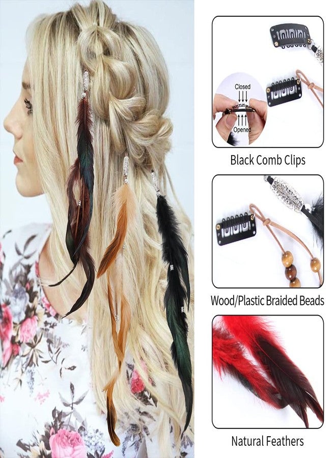 Aosome New Handmade Feather Hair Clip Extensions - Tribal Headdress With Braided Beads - 6 PCS - Image 2