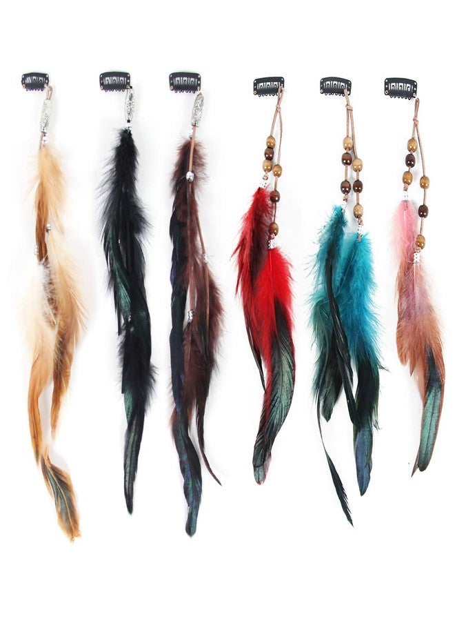 Aosome New Handmade Feather Hair Clip Extensions - Tribal Headdress With Braided Beads - 6 PCS - Image 1