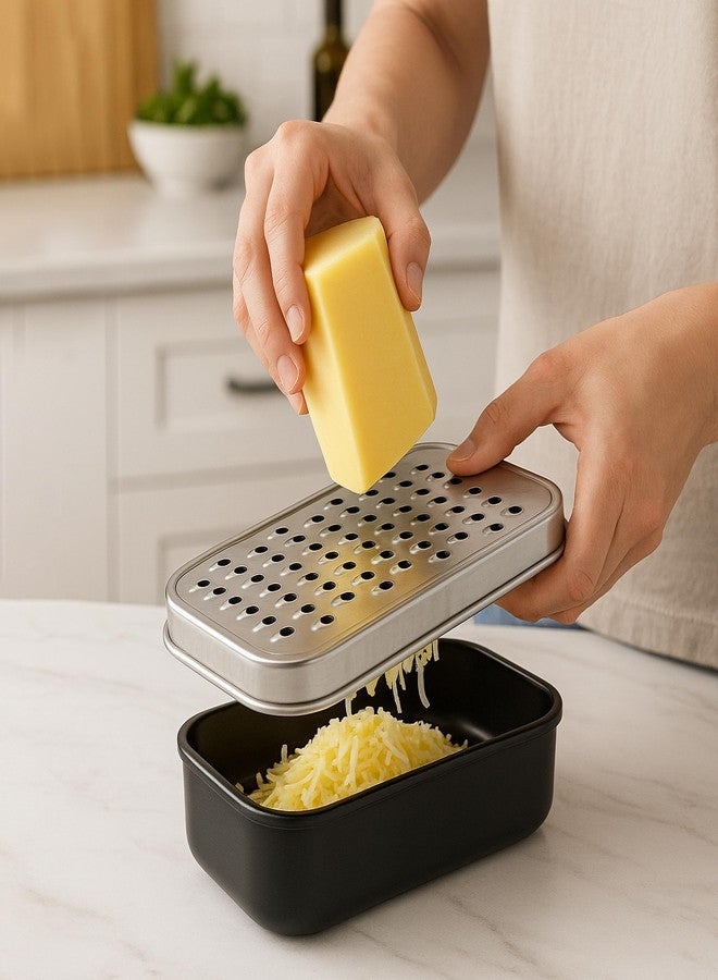 KH866 2 In 1 Cheese Grater with Container and Lid Metal Handheld with Storage Box Stainless Steel - Citrus Lemon Zester, Fruit Vegetable Onion Choppers, Airtight Includes Hand Peelers, Grinder, Shredder - Image 3