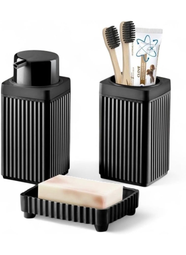 Plan A 3 Piece Bathroom Accessories Set – Liquid Soap Dispenser with Pump, Solid Soap Dispenser, Toothbrush Holder – Elegant Square Design in Black Plastic – Perfect for Bathroom or Kitchen  - Image 1