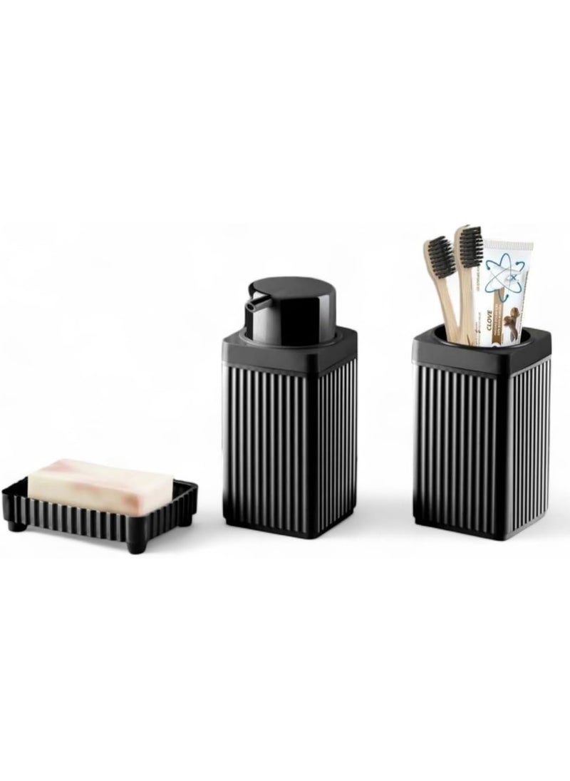 Plan A 3 Piece Bathroom Accessories Set – Liquid Soap Dispenser with Pump, Solid Soap Dispenser, Toothbrush Holder – Elegant Square Design in Black Plastic – Perfect for Bathroom or Kitchen  - Image 3