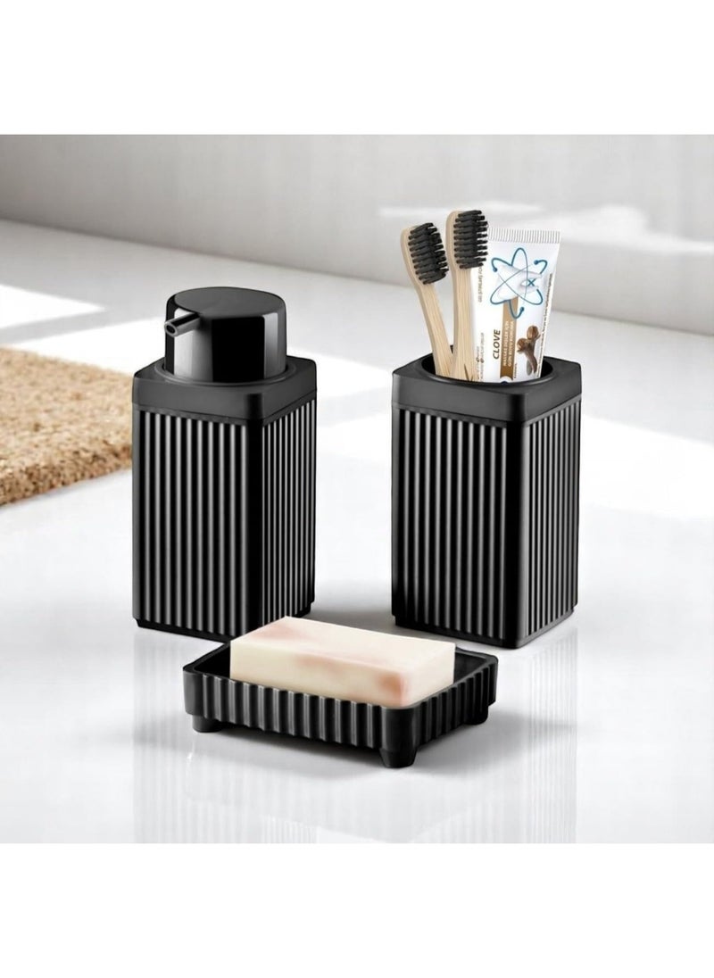 Plan A 3 Piece Bathroom Accessories Set – Liquid Soap Dispenser with Pump, Solid Soap Dispenser, Toothbrush Holder – Elegant Square Design in Black Plastic – Perfect for Bathroom or Kitchen  - Image 2