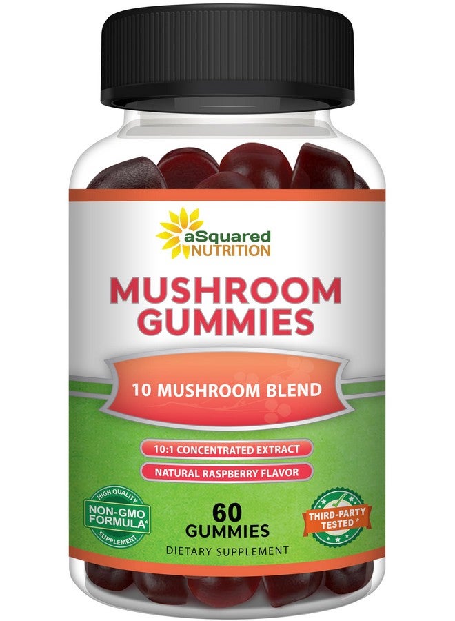 aSquared Nutrition Mushroom Gummies - 10x Complex Supplement - Lions Mane, Turkey Tail, Reishi, Cordyceps, Chaga - Energy, Focus, Immune Support for Men & Women - Replace Powder, Capsules & Pills - Image 1