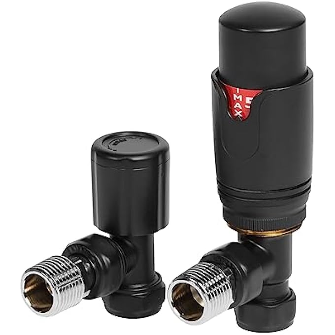 THERMOSTATIC RADIATOR VALVES AND ANGLED LOCKSHIELD VALVE - CLASSY AND MODERN DESIGN 1/2" X 15MM ANGLED RADIATOR VALVES (BLACK) - Image 1