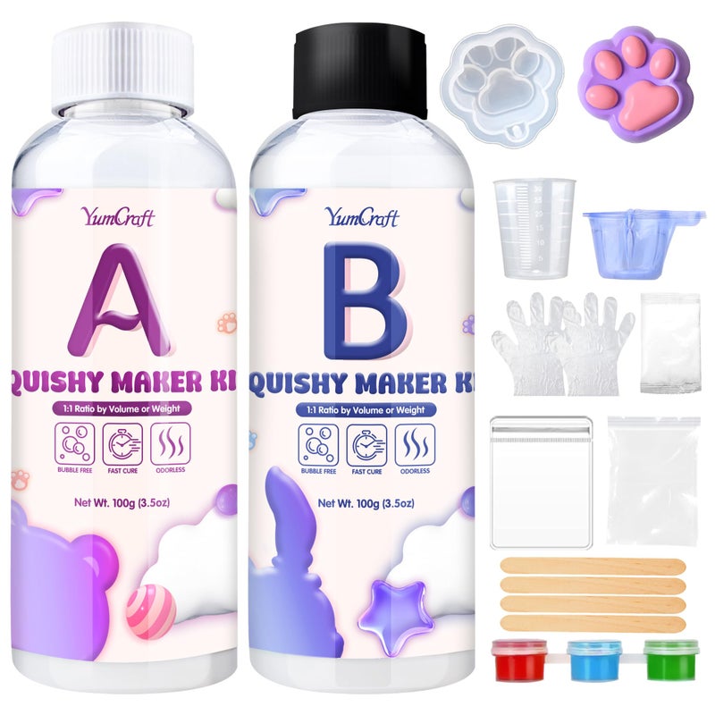 Gel for Taba Squishy Kit 7oz Super Soft Rubber Squishy Kit 11 AB Ratio Mix for Squishy Maker Stress Relief FuFu Squishy Kit with 2 Molds Flocking Powder Bubble Free Quick Dry Gift for Occasions