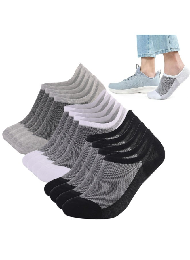 No Show Socks for Men and Women, 6 Pairs, Moisture-Wicking Mesh Cotton, Low Cut with Non-Slip Heel, Black White Gray(M) - Image 1