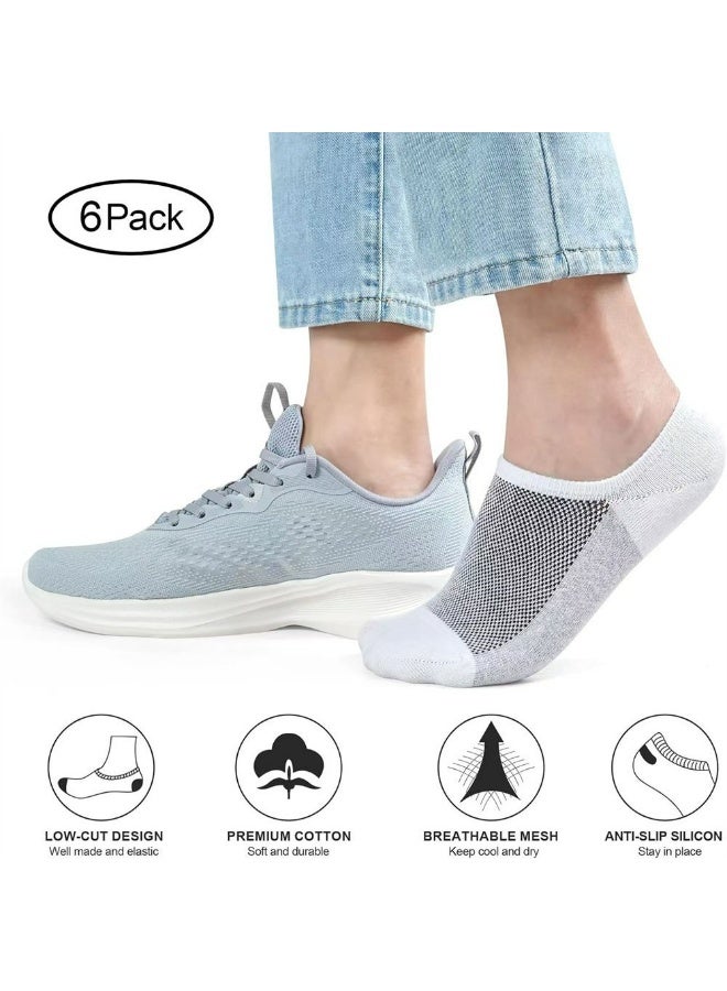 No Show Socks for Men and Women, 6 Pairs, Moisture-Wicking Mesh Cotton, Low Cut with Non-Slip Heel, Black White Gray(M) - Image 3