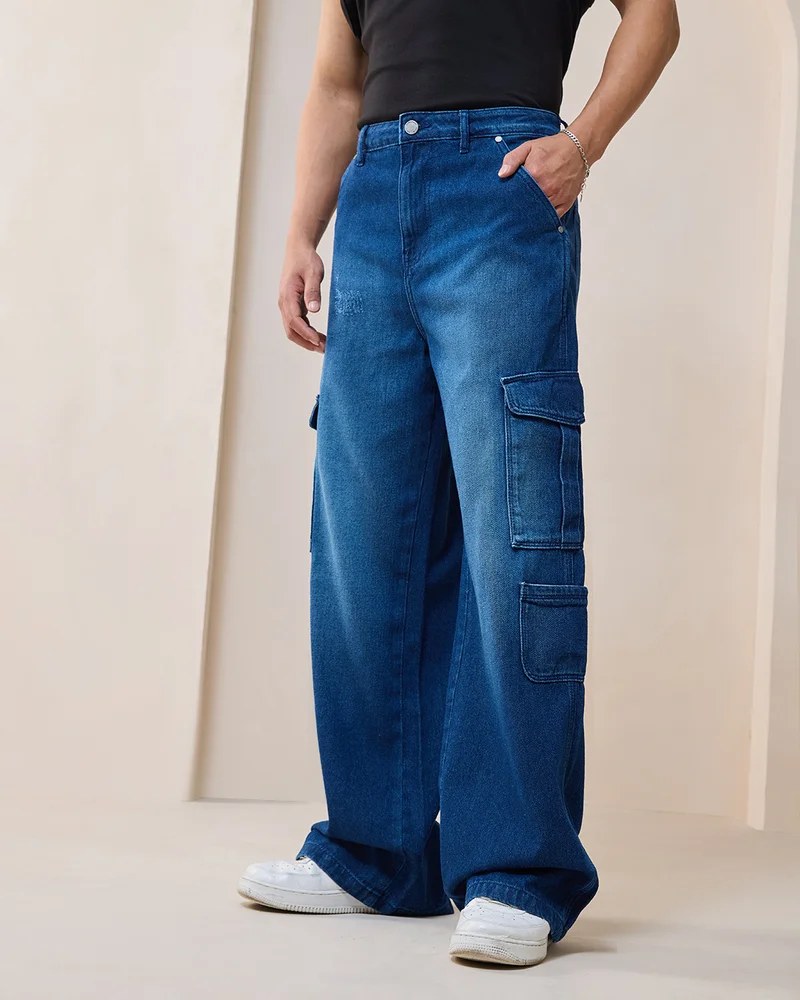 bewakoof Men's Blue Washed Baggy Fit Cargo Mid-Rise Jeans
