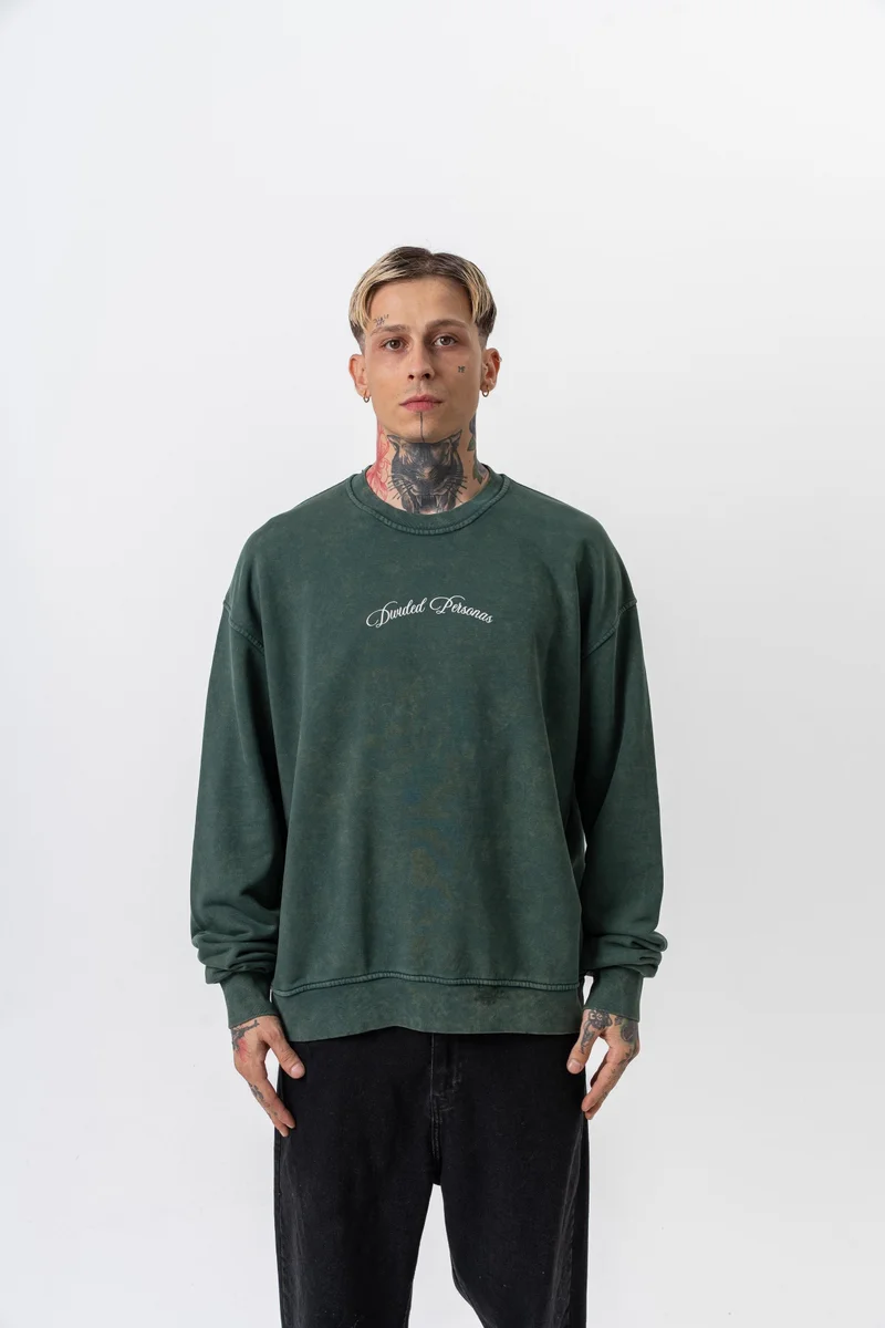 RESPIRE Men's Divided Printed Washed Crew Neck Oversize Sweatshirt Green