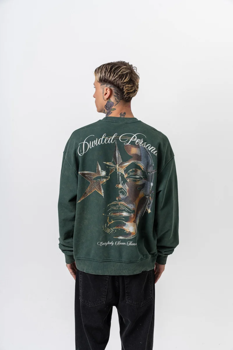 RESPIRE Men's Divided Printed Washed Crew Neck Oversize Sweatshirt Green