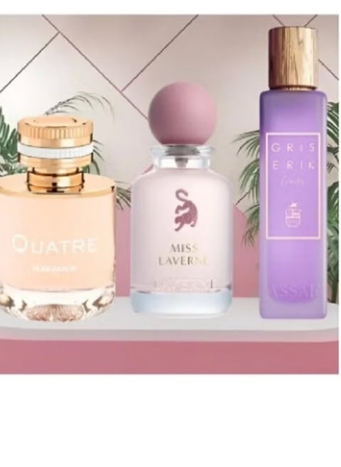 Assaf and Lavrin perfume package collection: Assaf Grace Eric 200ml, Miss Lavrin 100ml, and Boucheron Quatre 100ml