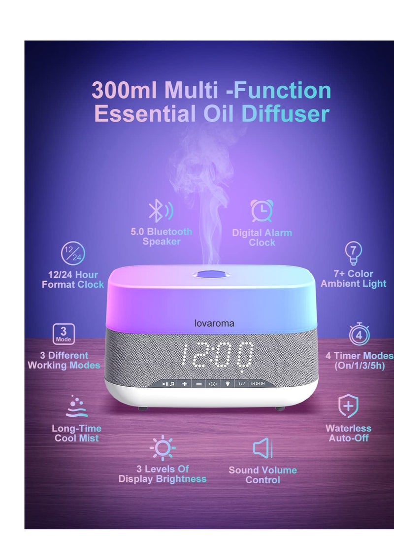 SYOSI - Essential Oil Diffuser, Aroma Diffuser with Bluetooth Speaker Alarm Clock - 300ml Cool Mist Humidifier with 7 Colors Lights 5 Timer for Large Room Home Office - Image 1