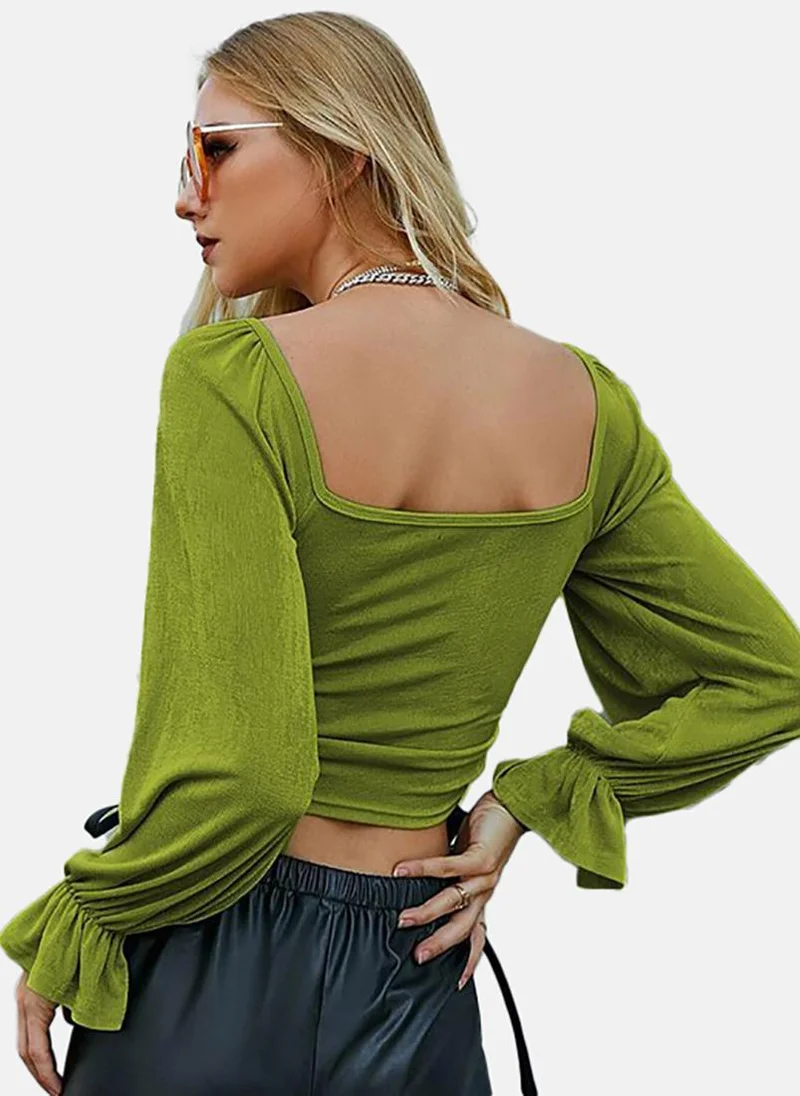 YUNIQEE Green Solid Slim Fit Long Sleeve Top