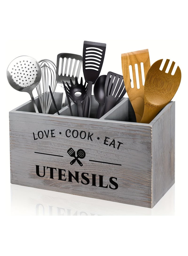 Cozy Nest Grey Wooden Utensil Holder for Kitchen Counter – Rustic 3 Compartment Sturdy Wood Organizer for Forks Spoons Spatulas – Farmhouse Style Countertop Storage Caddy for Cutlery & Cooking Tools - Image 1