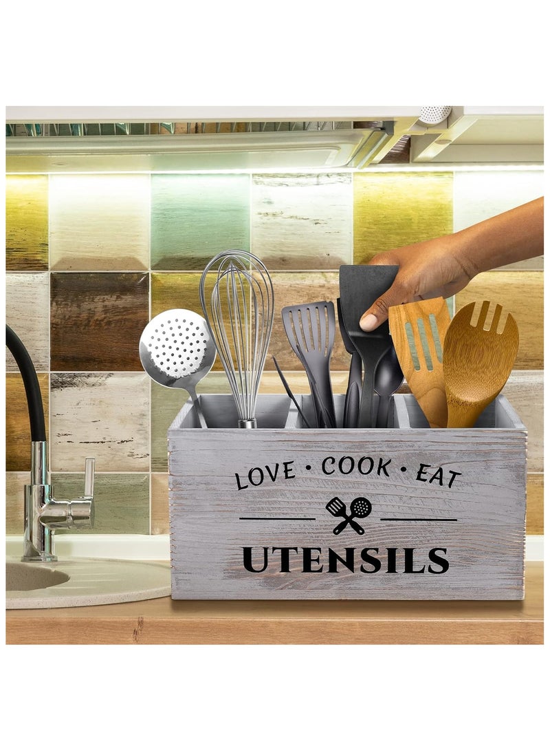 Cozy Nest Grey Wooden Utensil Holder for Kitchen Counter – Rustic 3 Compartment Sturdy Wood Organizer for Forks Spoons Spatulas – Farmhouse Style Countertop Storage Caddy for Cutlery & Cooking Tools - Image 2