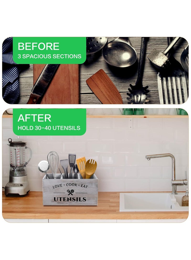 Cozy Nest Grey Wooden Utensil Holder for Kitchen Counter – Rustic 3 Compartment Sturdy Wood Organizer for Forks Spoons Spatulas – Farmhouse Style Countertop Storage Caddy for Cutlery & Cooking Tools - Image 3