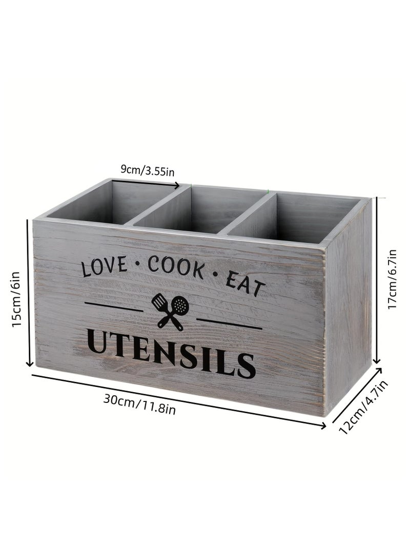Cozy Nest Grey Wooden Utensil Holder for Kitchen Counter – Rustic 3 Compartment Sturdy Wood Organizer for Forks Spoons Spatulas – Farmhouse Style Countertop Storage Caddy for Cutlery & Cooking Tools - Image 4
